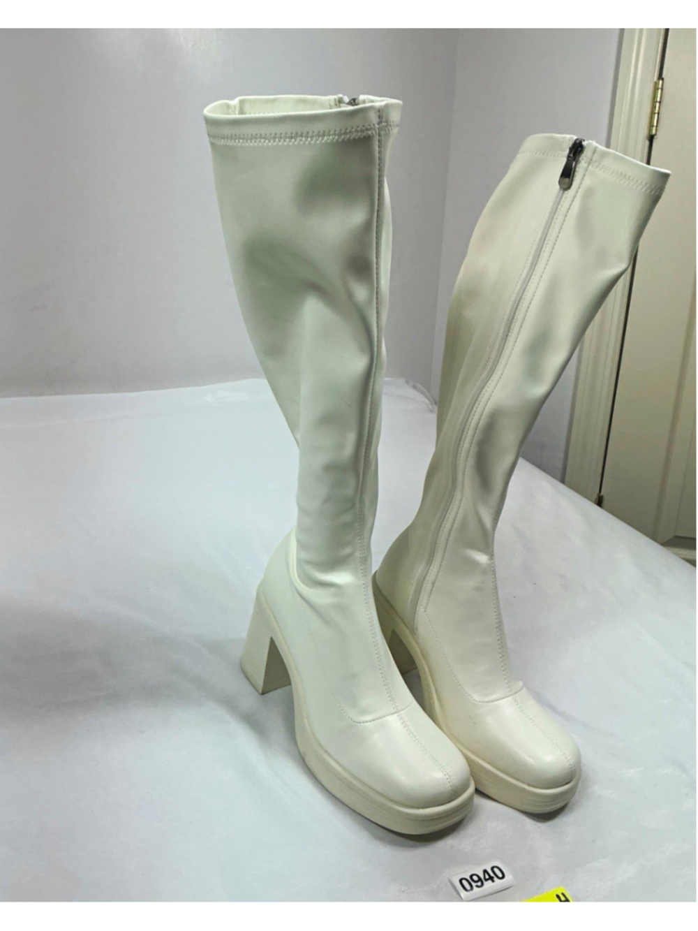 Women’s White Knee High Platform Zip Boots Block Heel US 7.5